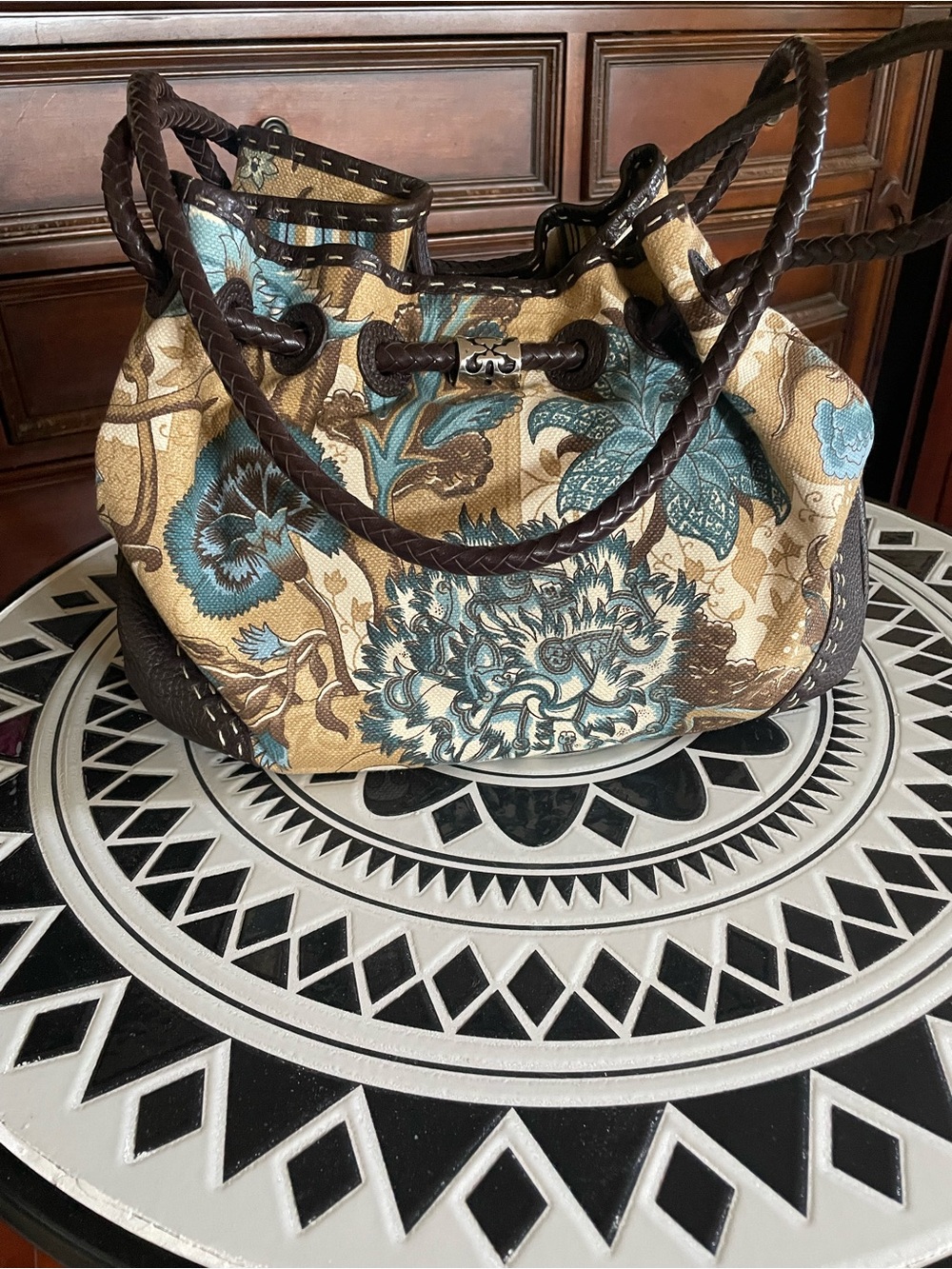 Brighton Lilly Floral Canvas Shoulder Handbag with Braided Leather Straps